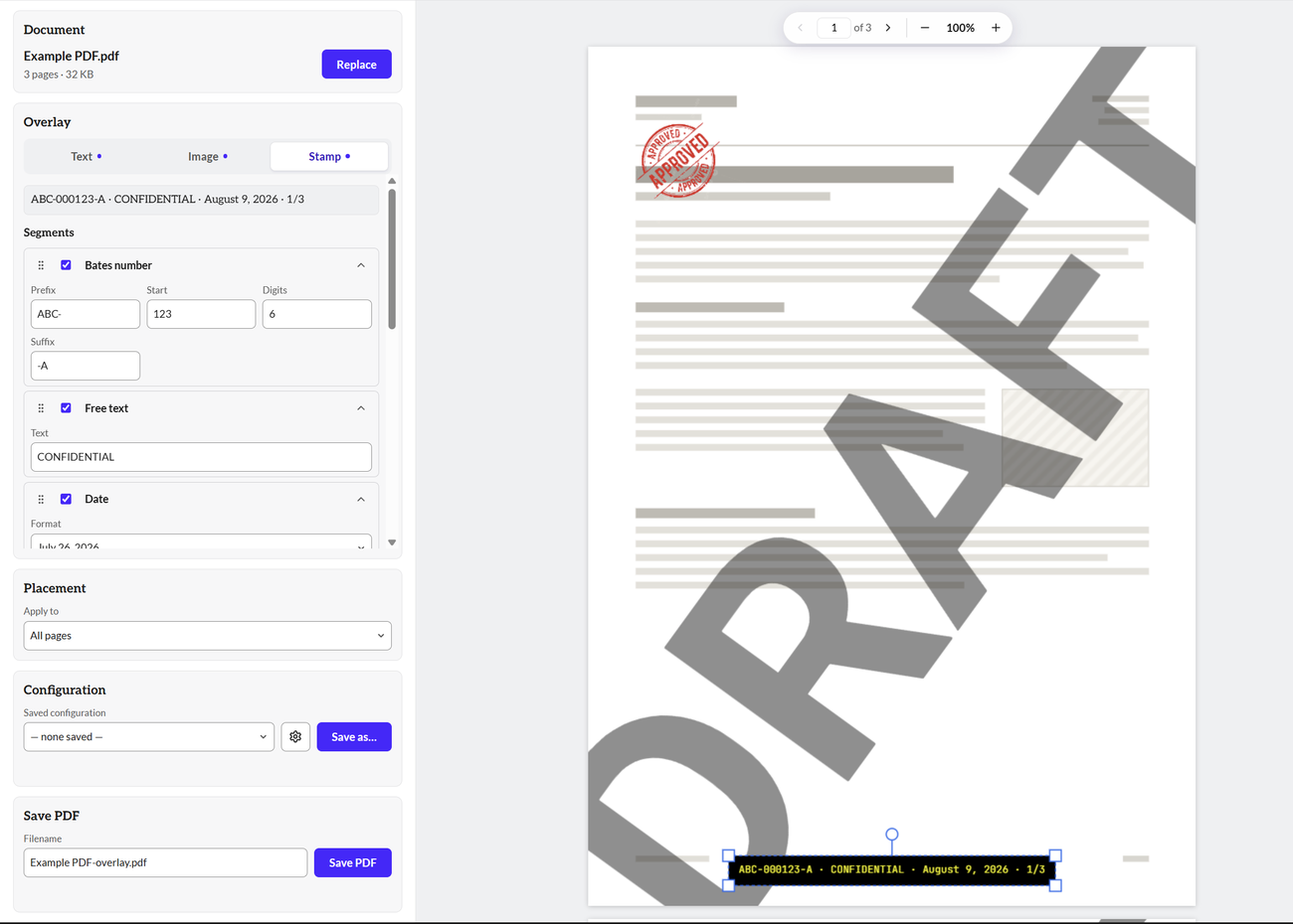 The Stamp tool with Bates number, free text and date segments enabled, previewing ABC-000123-A · CONFIDENTIAL · August 9, 2026 · 1/3.