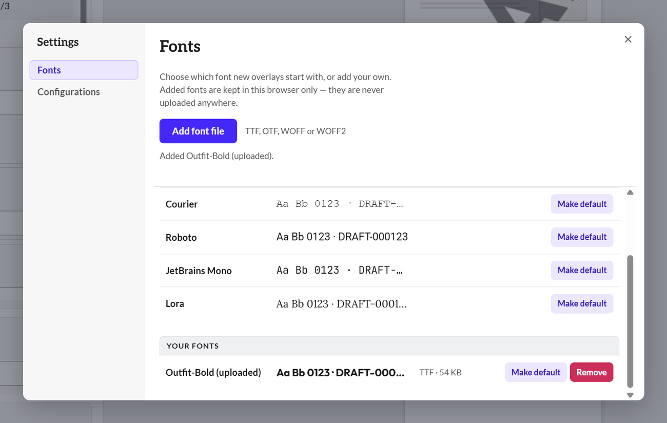The settings dialog on the Fonts pane, each font previewed in its own typeface, with an uploaded Outfit Bold listed under Your fonts.