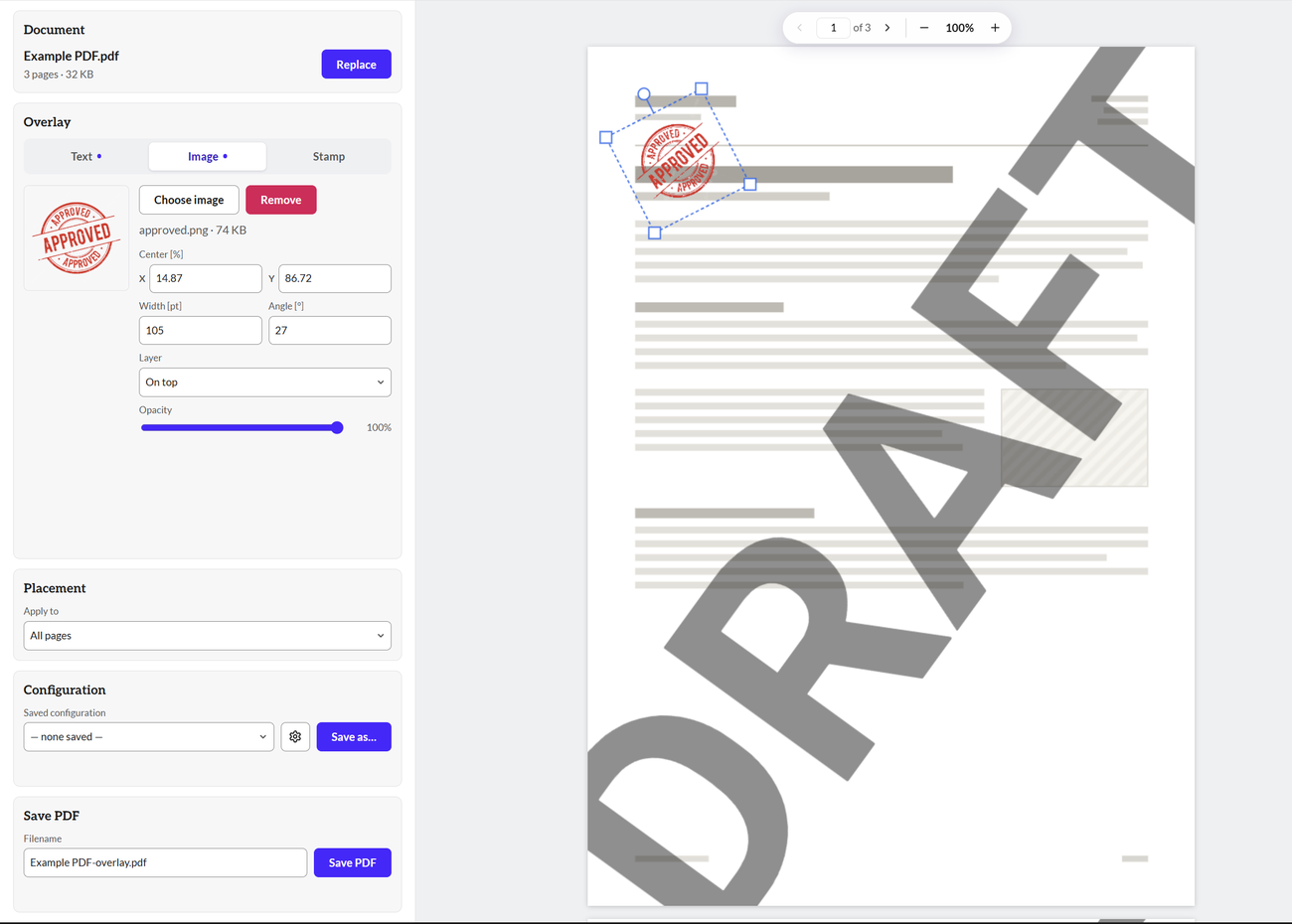 An APPROVED logo placed on the page and selected, with its transform handles and the Image tool's width, angle and opacity controls.