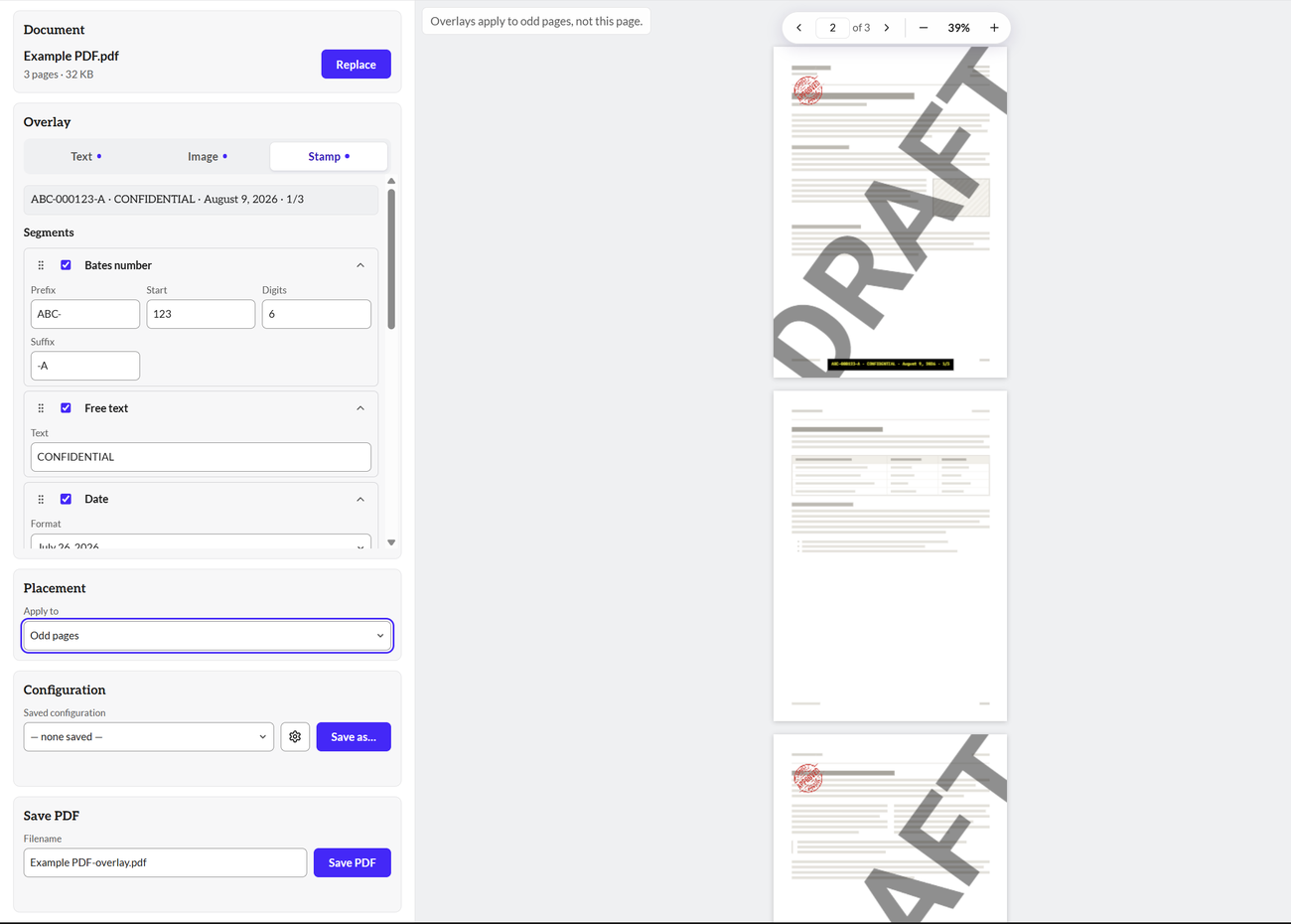 Apply to set to Odd pages, with the preview showing a stamped page, a clean page and a stamped page in sequence.
