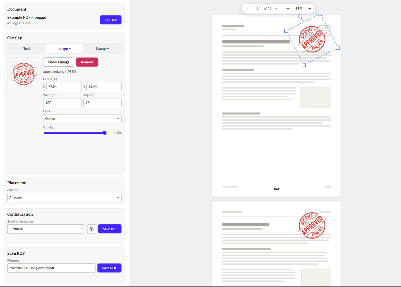 A 42-page document scrolled in the continuous preview at 68% zoom, two consecutive pages visible, both stamped.