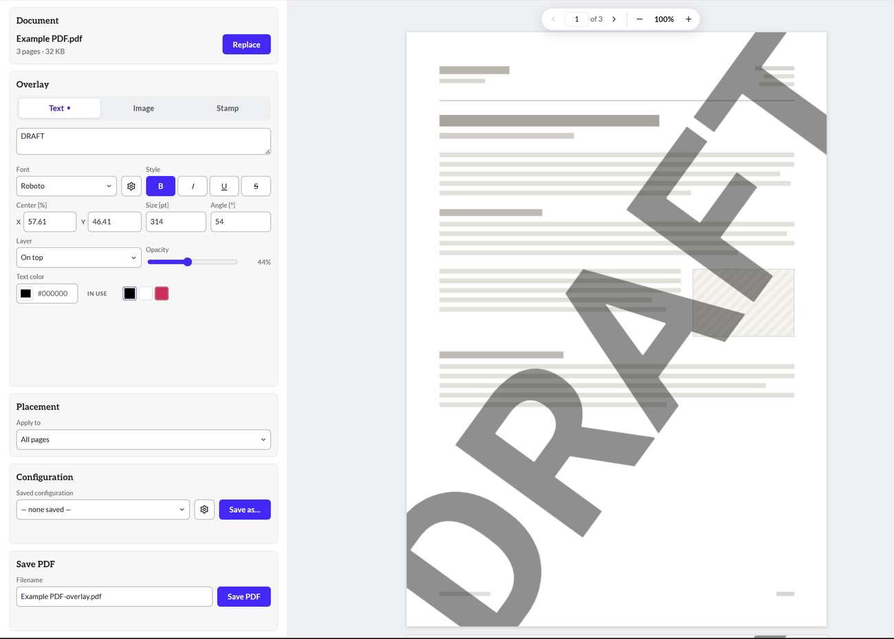 The Text tool with DRAFT typed in, showing font, size, angle and opacity controls beside the page.