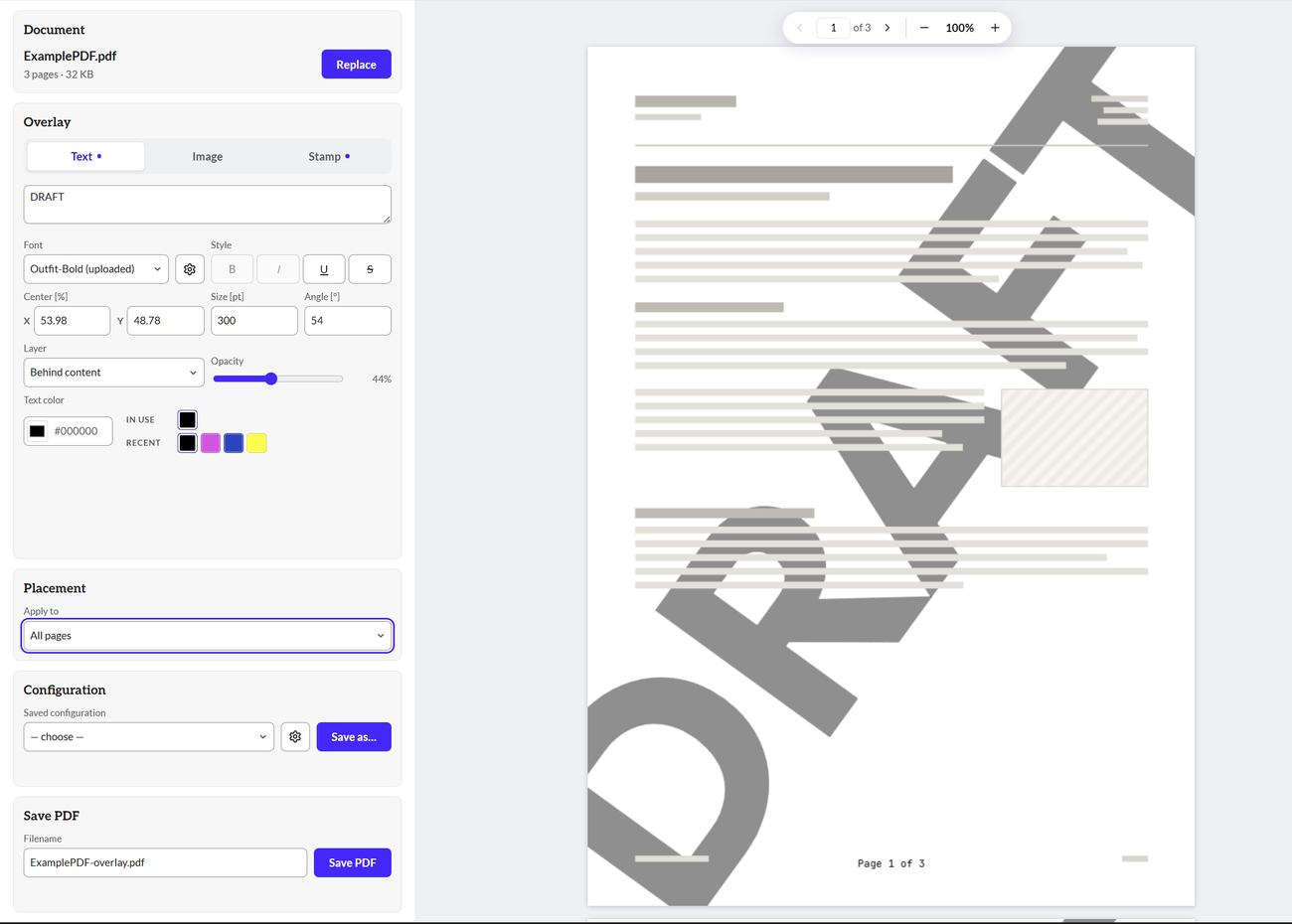 A DRAFT watermark set to Behind content, with the document's body text showing through the letterforms.