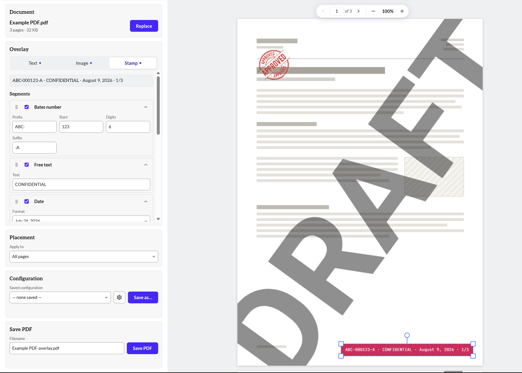 The PDF Overlay editor with a document open: a large diagonal DRAFT watermark across the page, an APPROVED logo stamp, and a red Bates stamp reading ABC-000123-A · CONFIDENTIAL along the bottom.
